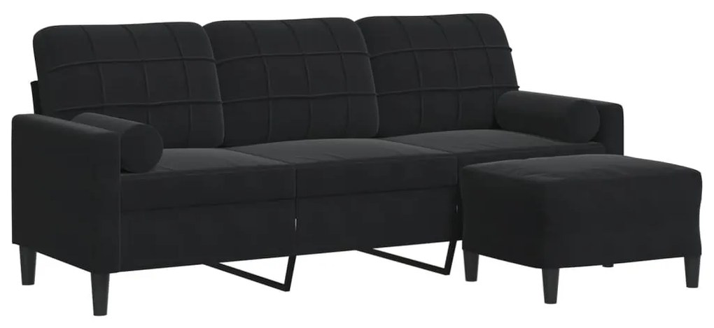 3278272 vidaXL Canapea cu 3 locuri și taburet, negru, 180 cm, catifea