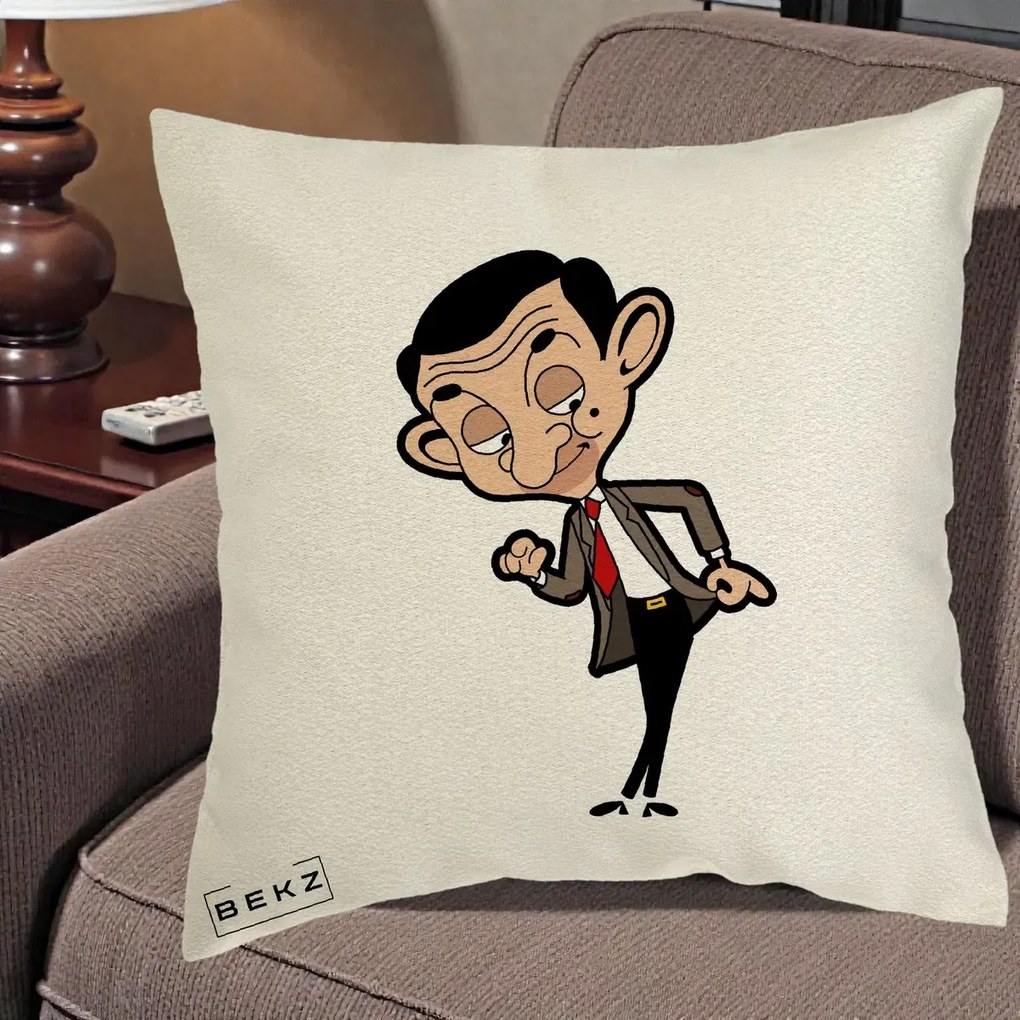Perna Personalizata Mr. Bean Caricatura, 40x40 cm, Ecru, Husa Detasabila, Perna Inclusa, BEKZ®