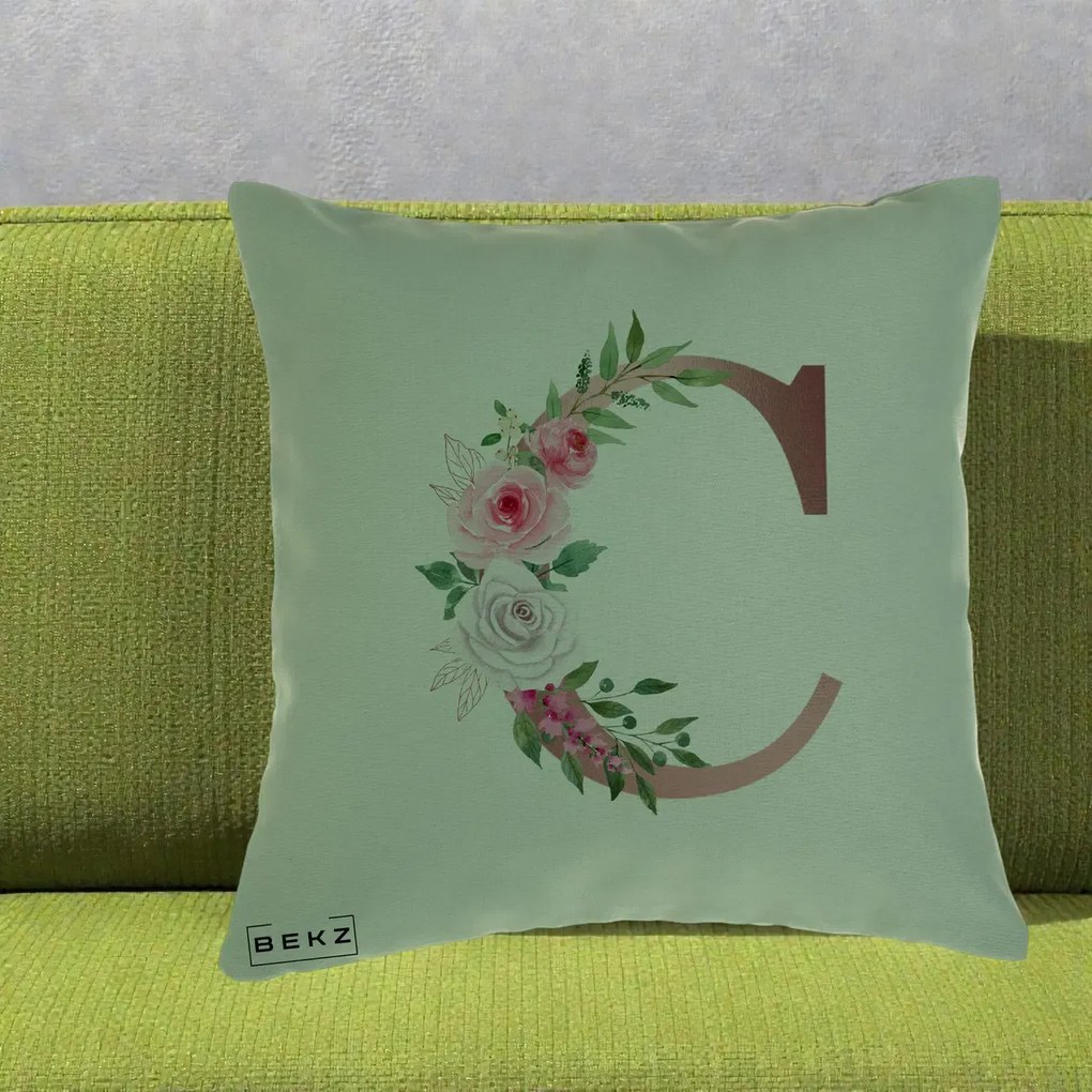 Cadou Personalizat - Perna Personalizata Monograma Rose Gold Litera C, 40x40 cm, Verde, Husa Detasabila, Perna Inclusa, BEKZ®