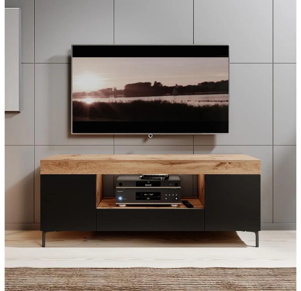 Dulap TV Giuseppo (cu iluminat) (stejar lancaster + negru). 1098646