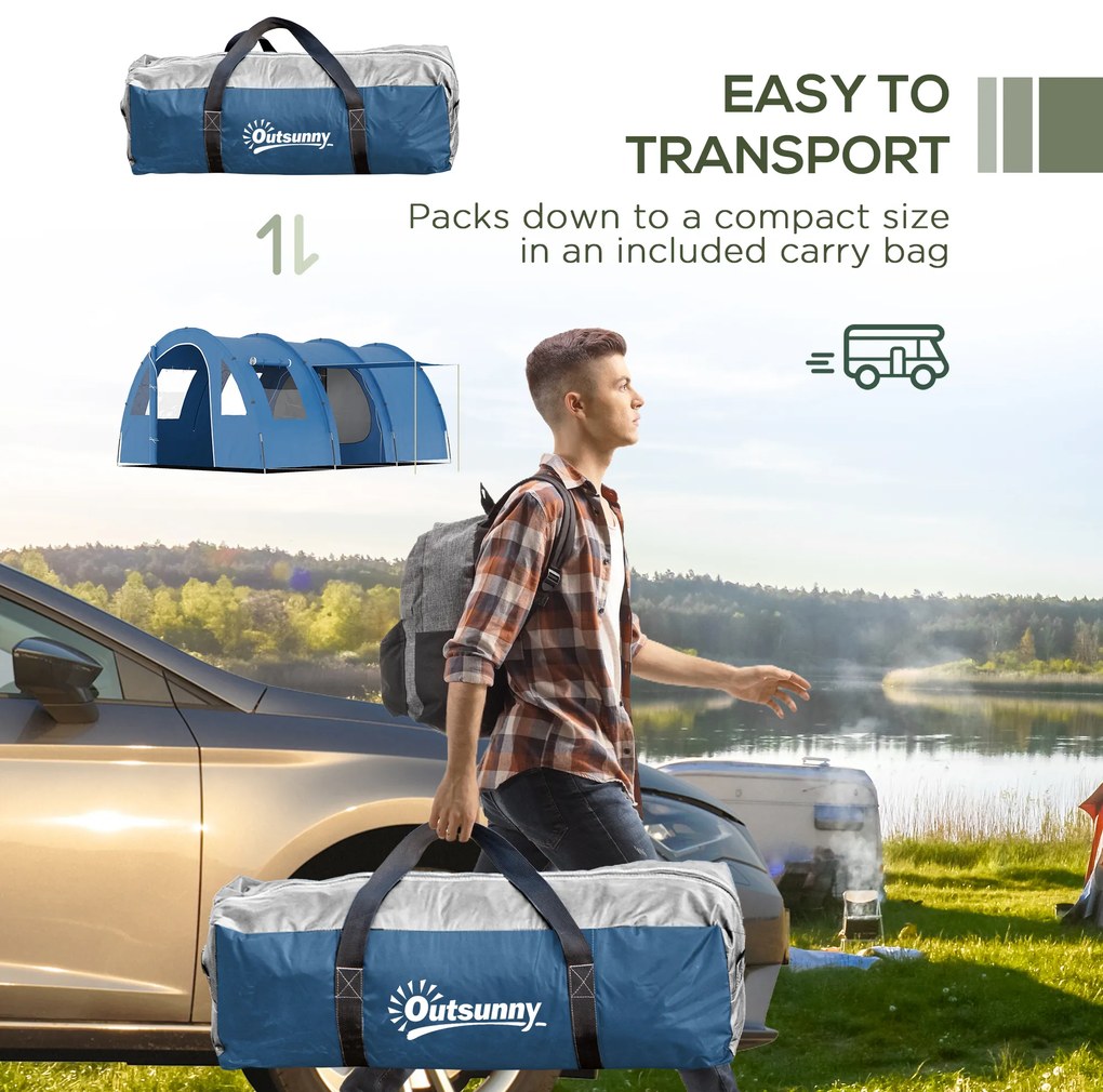 Outsunny Cort Tunel pentru 5-6 Persoane, Cort de Camping cu Doua Camere, cu Podea Cusuta, 2 Usi si Geanta de Transport | Aosom Romania