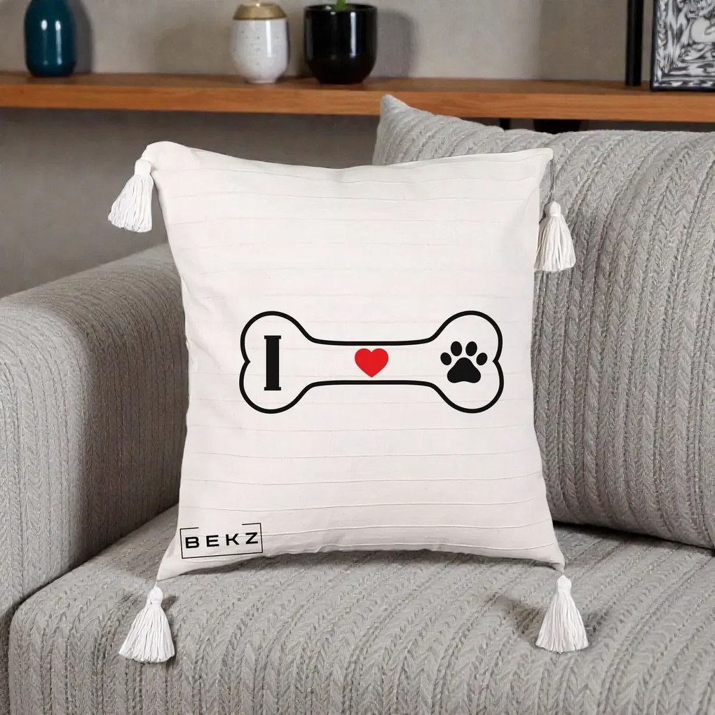 Perna Personalizata I Love Dog Os si Labuta, 40x40 cm, Bej cu Franjuri, Husa Detasabila, Perna Inclusa, BEKZ®