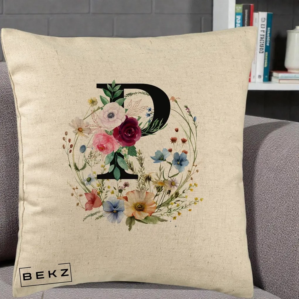 Cadou Personalizat - Perna Personalizata Monogram Litera P cu Flori Acuarela, 40x40 cm, Bej, Husa Detasabila, Perna Inclusa, BEKZ®