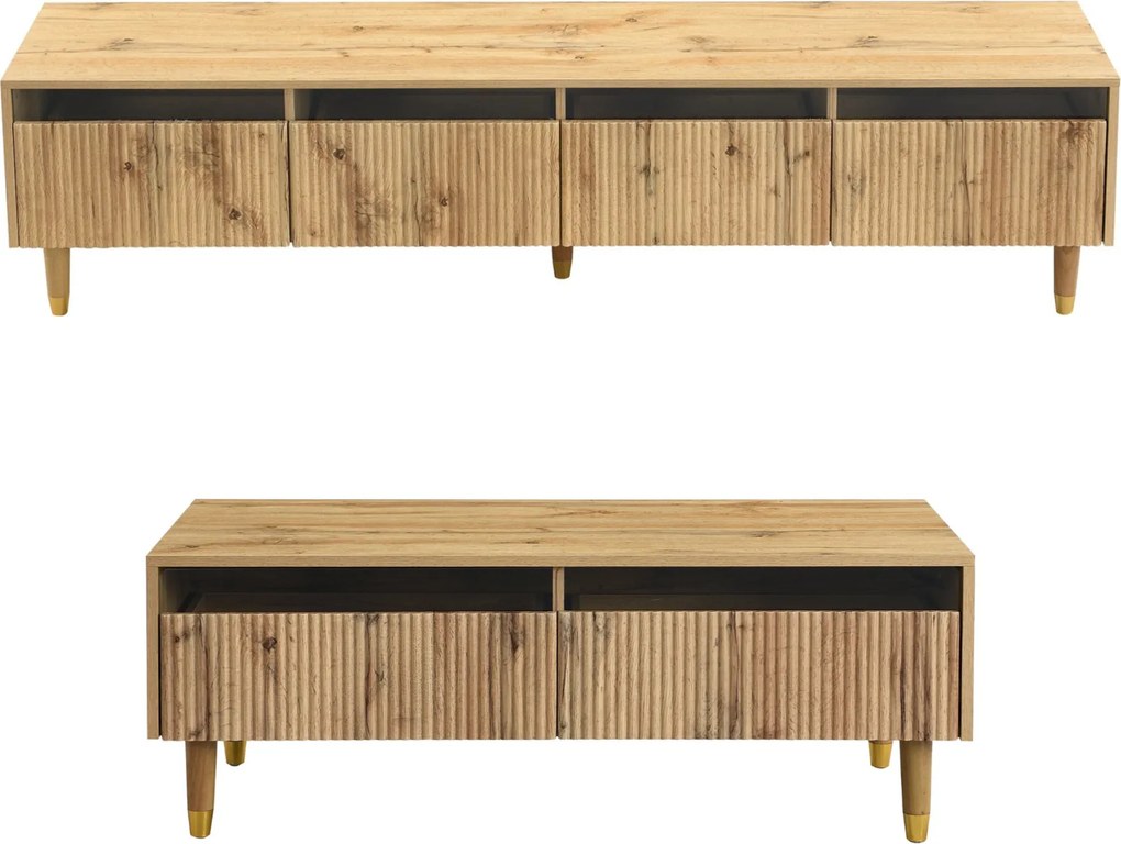 Set mobilier LED modern, comodă TV cu 4 uși &amp; masă de cafea cu 2 sertare, 178x35x45+110x50x40 cm, Culoare naturală