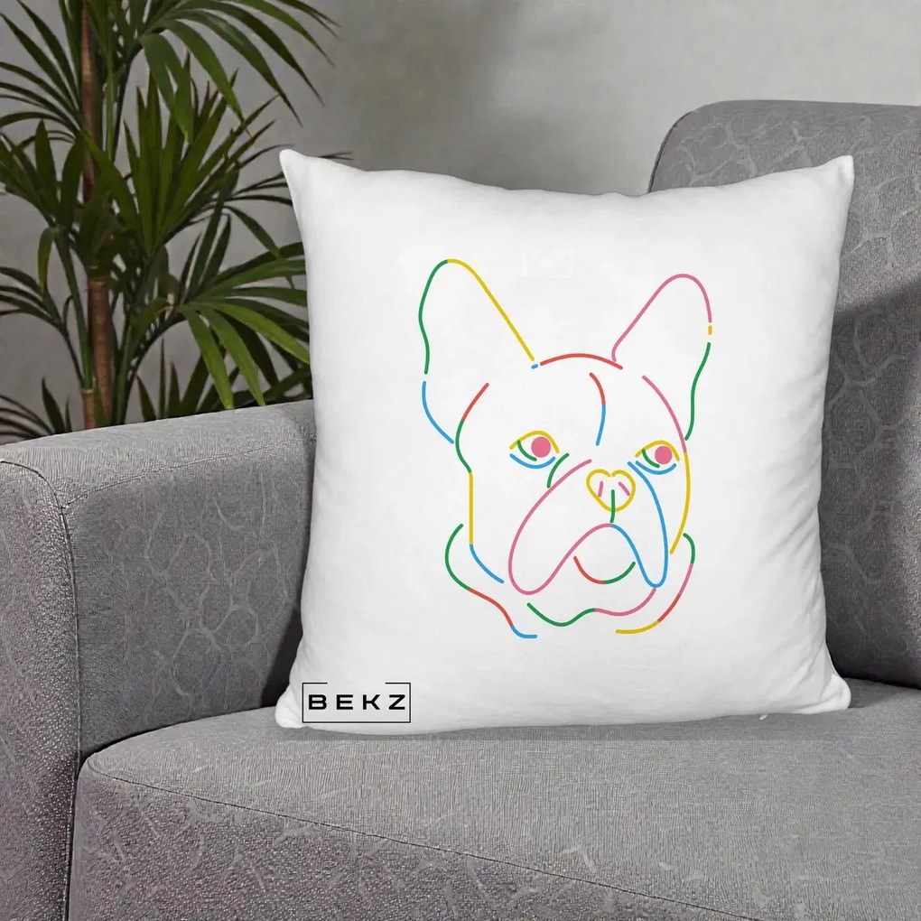 Perna Decorativa Bulldog Francez Line Art Curcubeu, 40x40 cm, Alb Pufos, Husa Detasabila, Perna Inclusa, BEKZ®