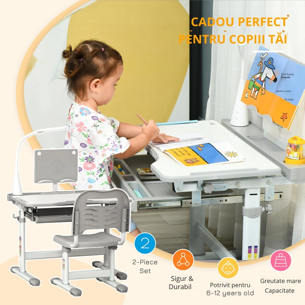 Homcom Set Birou Copii cu LED – Reglabil 6–12 Ani cu Blat inclinat | Aosom Romania