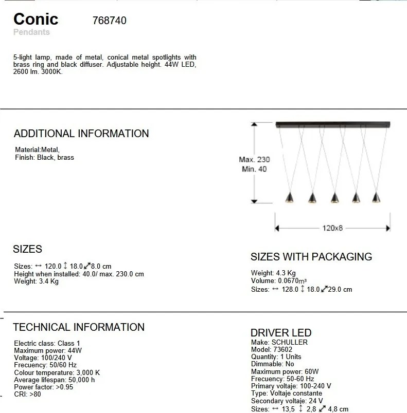 Lustra liniara cu 5 pendule suspendate LED Conic