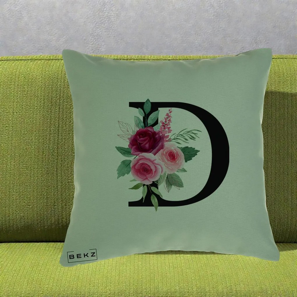 Cadou Personalizat - Perna Personalizata Monograma Florala Litera D, 40x40 cm, Verde, Husa Detasabila, Perna Inclusa, BEKZ®