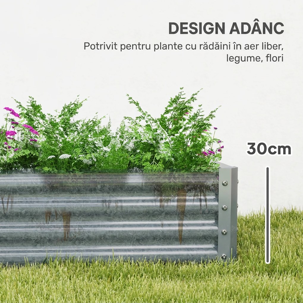 Outsunny Jardinieră de Exterior din Oțel cu Fund Deschis și Margini Întărite, 180x90x30 cm, Gri Argintiu | Aosom Romania