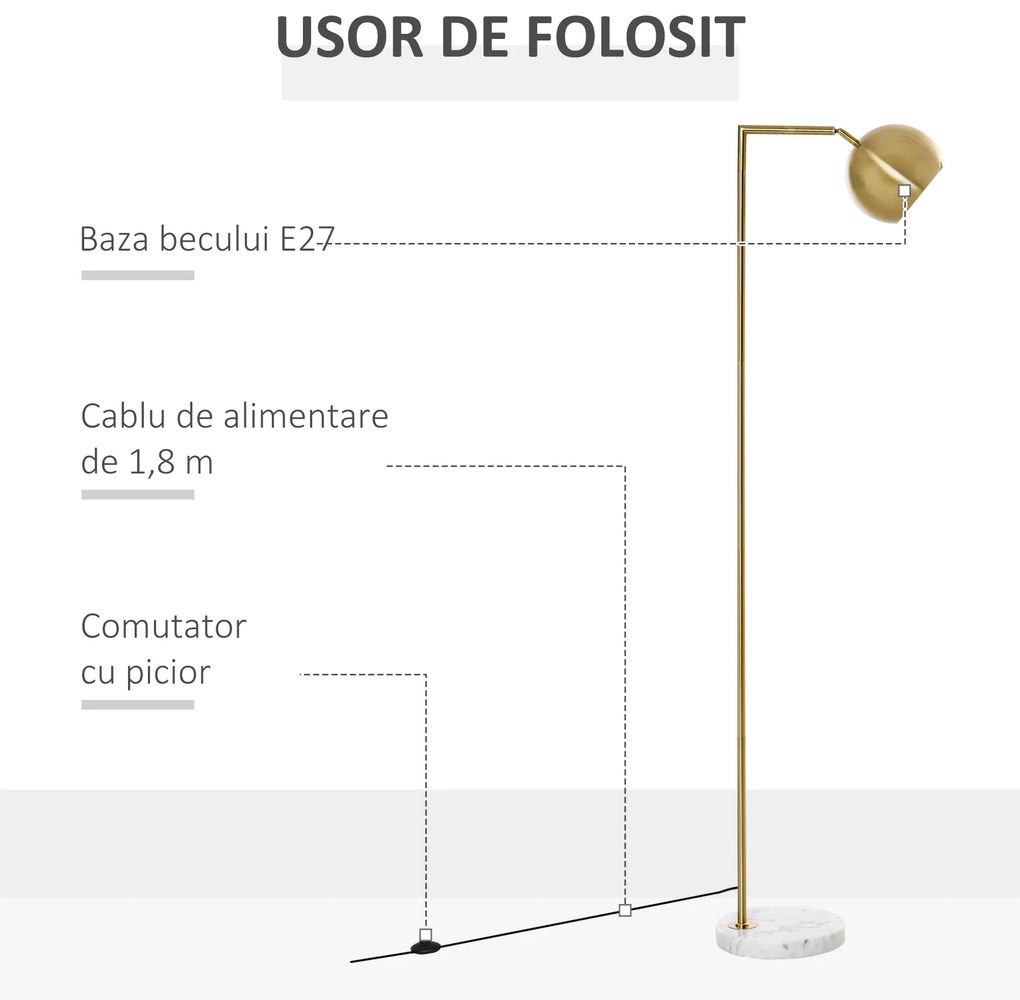 Lampa de podea cu structura metalica si abajur reglabil, din Metal si Marmura 38x26x165cm Auriu, Alb HOMCOM | Aosom RO