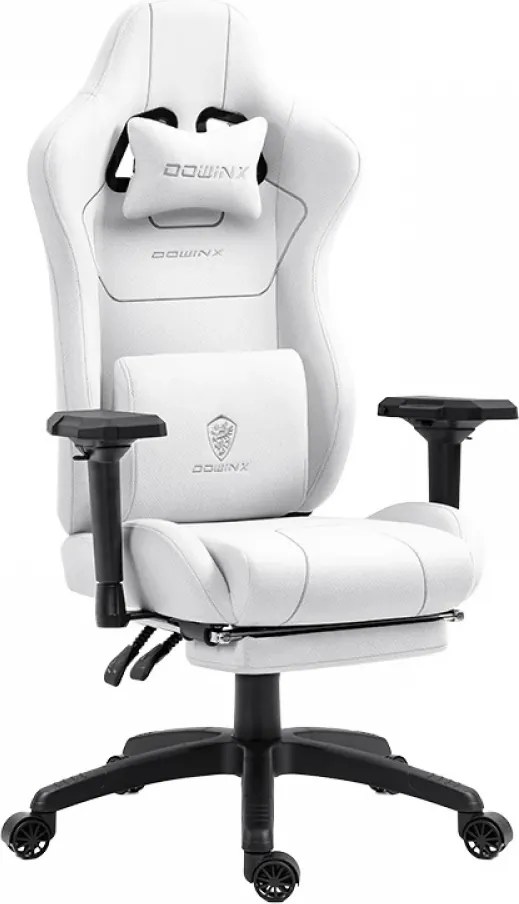 DOWINX 6657B - Scaun Gaming Ergonomic, Masaj in perna lombara, Șezut cu Arcuri Metalice și Spumă, Cotiere 4D, Suport pentru picioare, Rabatabil, Rezistent 136 kg, Material textil, Alb