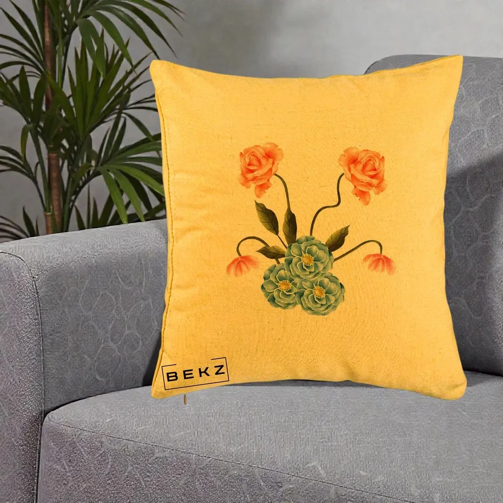 Perna Decorativa Trandafiri si Bujori Acuarela, 40x40 cm, Galben, Husa Detasabila, Perna Inclusa, BEKZ®