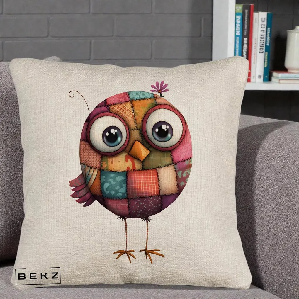 Perna Decorativa Pasare Patchwork Roz cu Floare, 40x40 cm, Bej Canapea, Husa Detasabila, Perna Inclusa, BEKZ®
