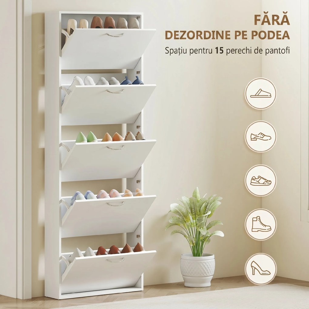 HOMCOM Dulap pentru Pantofi Subțire cu 5 Uși 65x17x180,5 cm în Lemn Alb | Aosom Romania