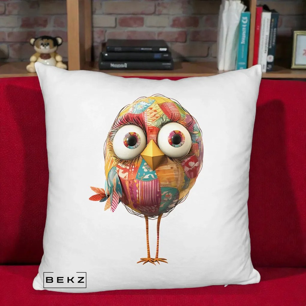 Perna Decorativa Pasare Patchwork cu Gene Lungi, 40x40 cm, Alb Pufos, Husa Detasabila, Perna Inclusa, BEKZ®