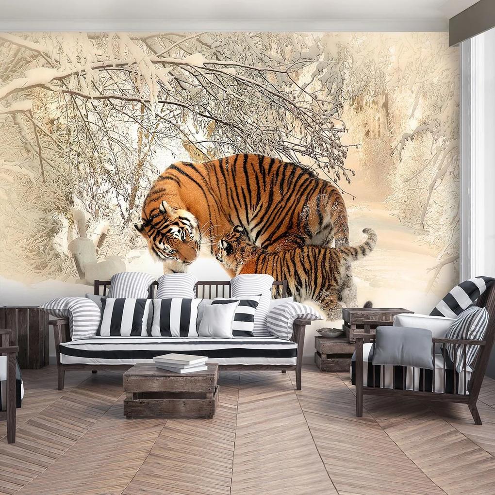 Fototapet - Tigri pe zăpadă (152,5x104 cm), în 8 de alte dimensiuni noi
