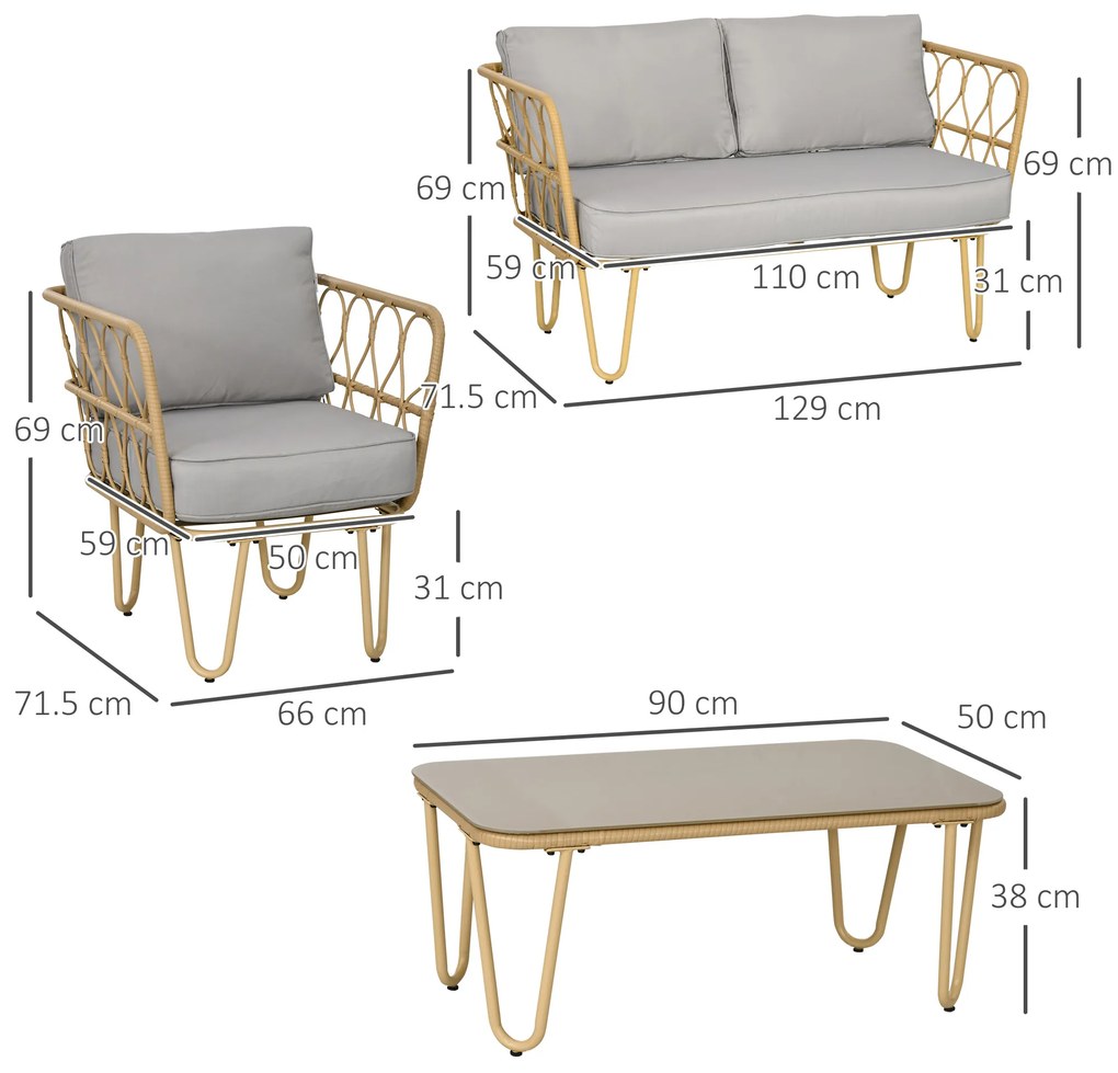 Set canapea din ratan PE din 4 piese Outsunny, cu impletitura rotunda | Aosom Romania