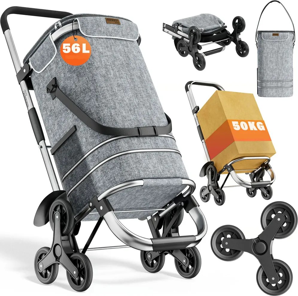 Geantă de cumpărături pe roți pentru scări COMFORT, 50L, gri Jurhan