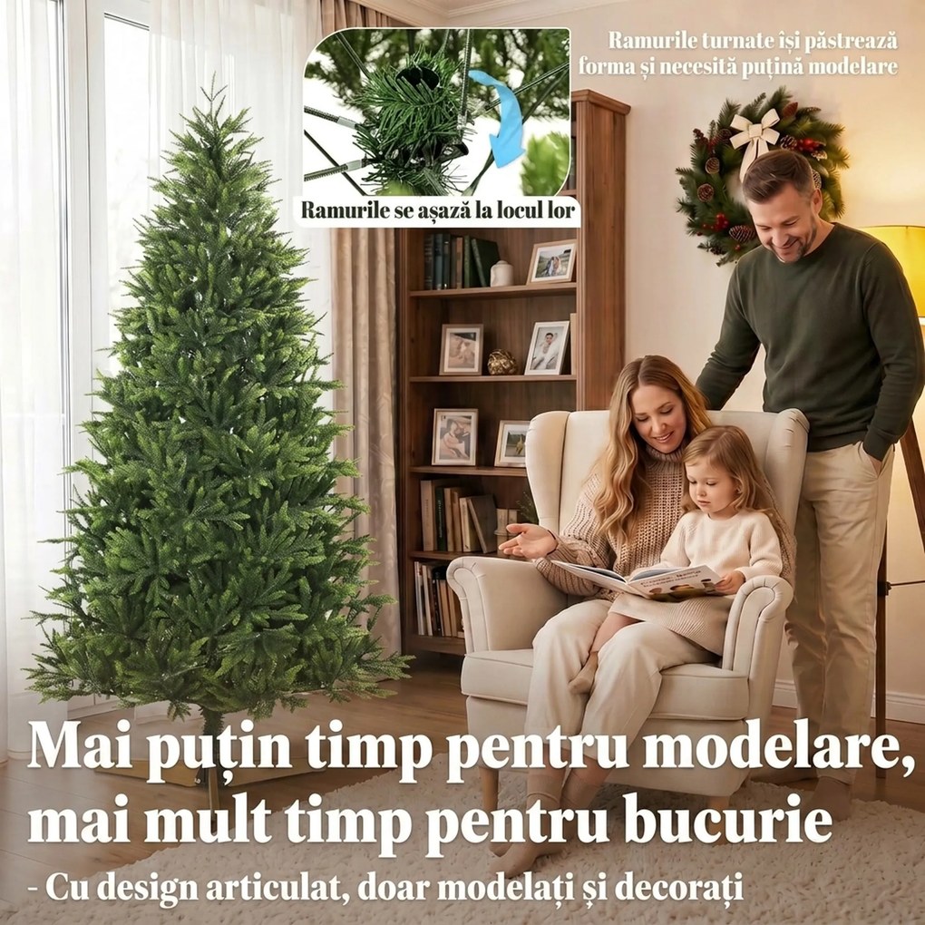 HOMCOM Brad artificial de Crăciun 180 cm, aspect realist și bogat, 732 ramuri din PE ignifug, bază pliabilă din lemn, verde | Aosom Romania