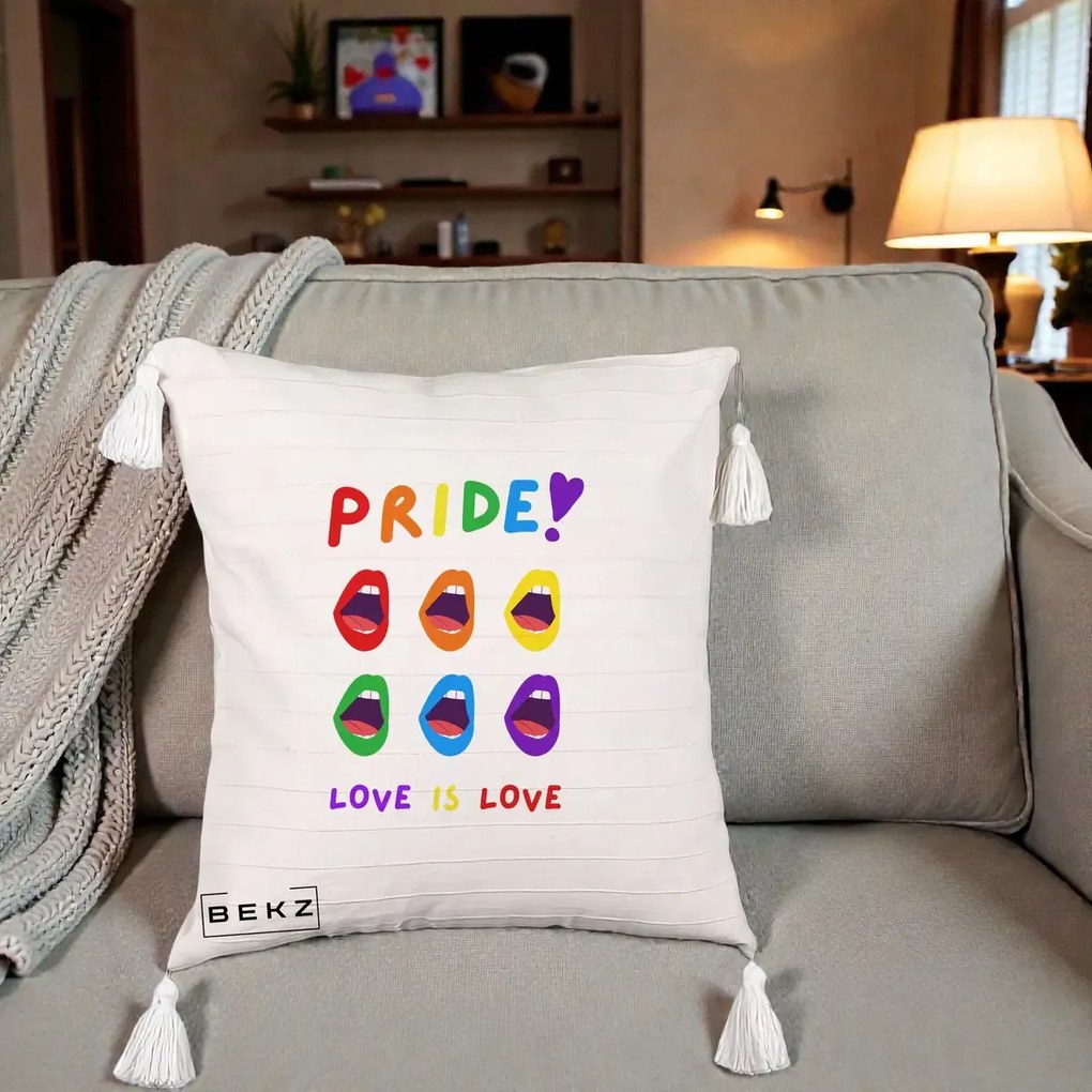 Perna Personalizata Pride Love is Love Curcubeu, 40x40 cm, Bej cu Franjuri, Husa Detasabila, Perna Inclusa, BEKZ®