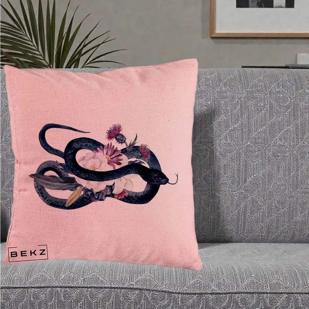 Perna Decorativa Sarpe Negru cu Flori Gothic, 40x40 cm, Roz, Husa Detasabila, Perna Inclusa, BEKZ®