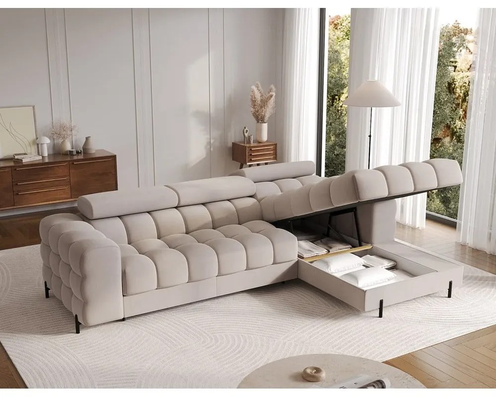 Colțar bej extensibil/cu spațiu de depozitare cu tapițerie din catifea (cu colț pe partea dreaptă/cu șezlong) Felro – ELTAP