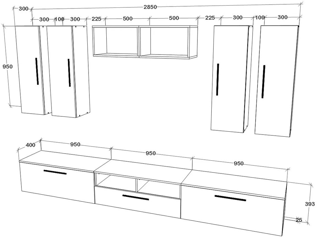 Living haaus V4, Negru/Alb Lucios, MDF, L 285 cm