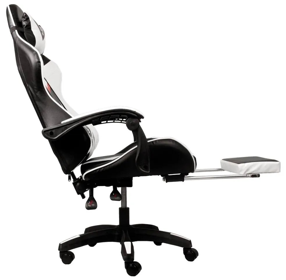 JAKS PREMIUM SCAUN GAMING REGLABIL ECO - PIELE NEGRU-ALB + PERNĂ DE MASAJ