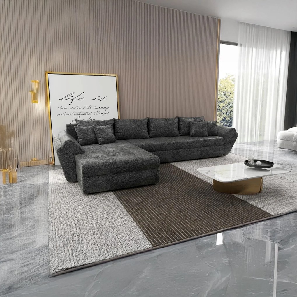 Colțar extensibil dumonde cu ladă de depozitare si sezut confortabil din spuma high-density, Loana XL Euphoria Negru 335x185 cm