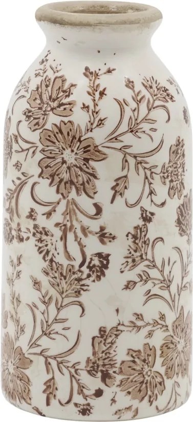 Vază decorativă albă din ceramică antichizată, pictată manual, cu motiv floral natur, 20x8 cm, „Grenoble"