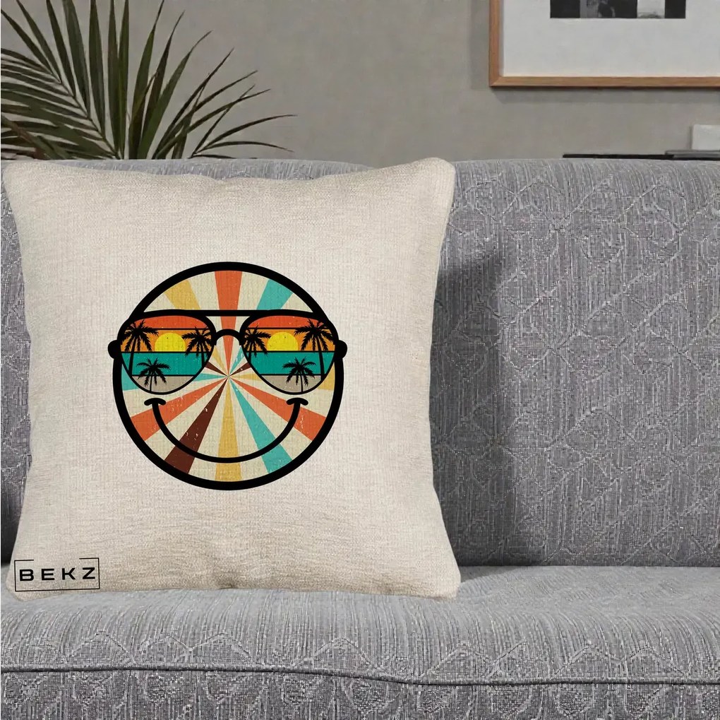 Perna Decorativa Smiley Face Retro Sunset Palmieri, 40x40 cm, Bej Canapea, Husa Detasabila, Perna Inclusa, BEKZ®