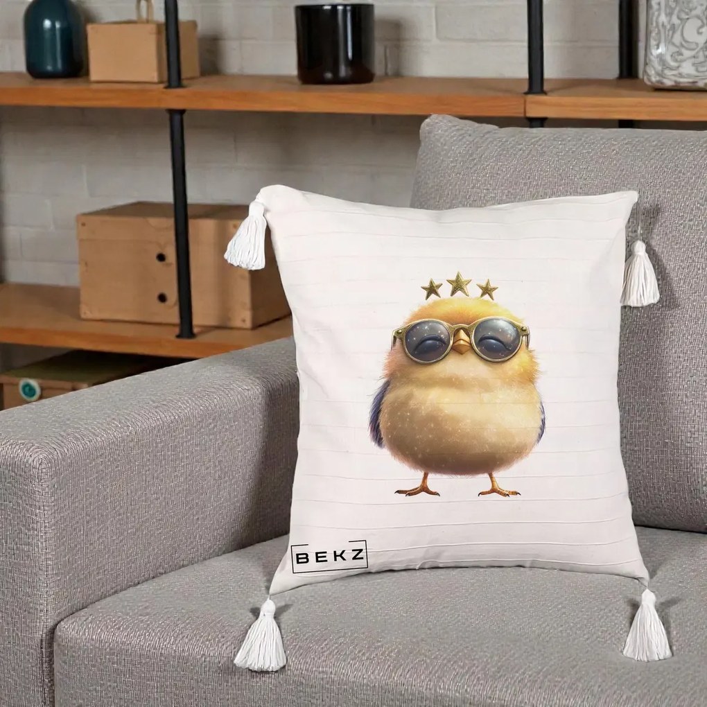 Perna Decorativa Pui Gold Star cu Ochelari Aurii, 40x40 cm, Bej cu Franjuri, Husa Detasabila, Perna Inclusa, BEKZ®