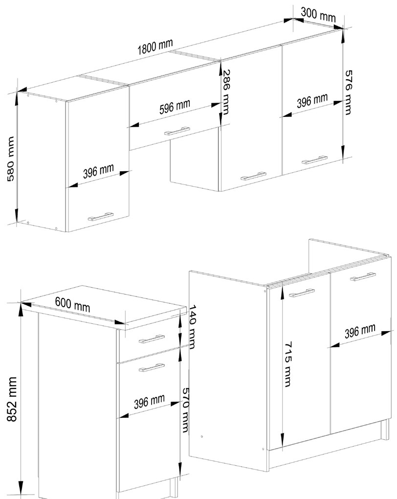 Set de bucătărie 180 cm Ozara (beton + Alb). 1071277
