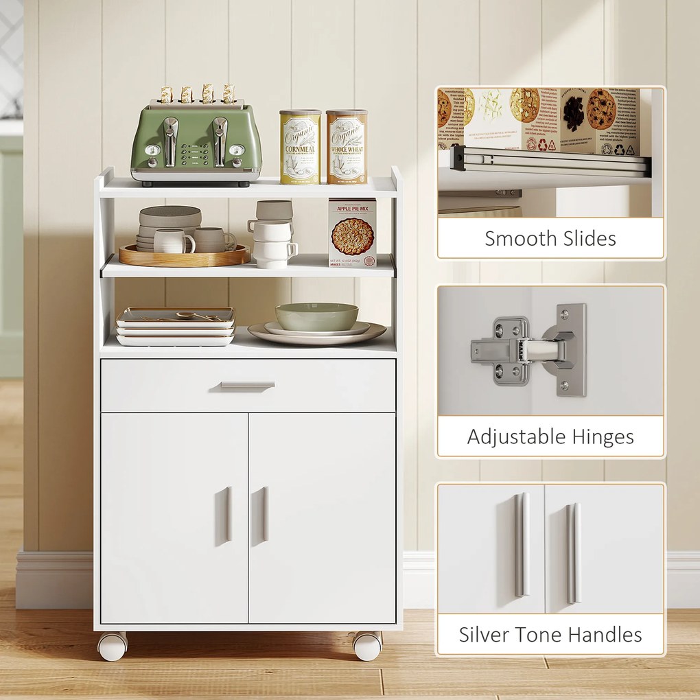HOMCOM Dulap pentru Cuptorul cu Microunde cu Roți, Bufet de Bucătărie cu Sertar, Blat pentru Electrocasnice, Dulap cu 2 Uși, Raft Glisant și Raft Deschis, Cărucior de Bucătărie pentru Sufragerie, 59x40x92cm, Alb | Aosom Romania