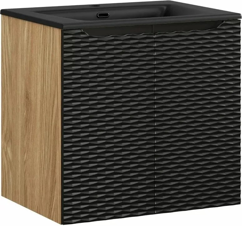 Set dulap baza suspendat 60 cm cu lavoar Comad Ocean stejar uleiat si negru mat
