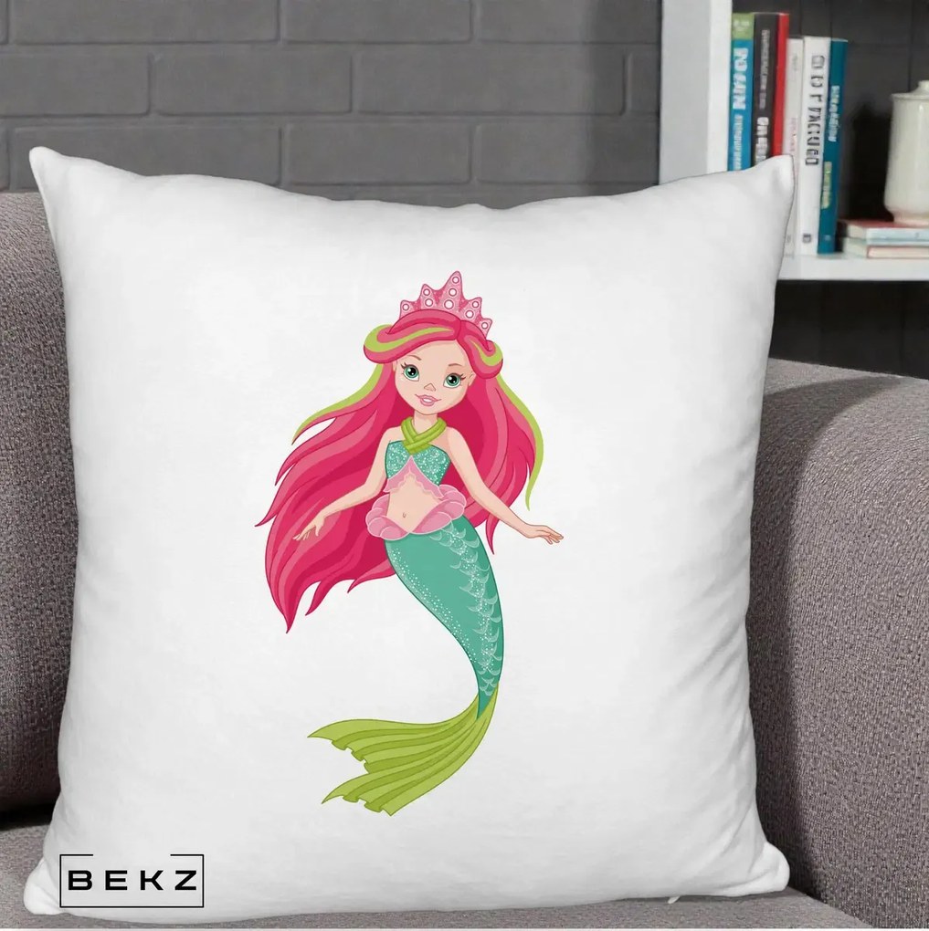 Perna Decorativa Sirena Roz cu Coroana, 40x40 cm, Alb Pufos, Husa Detasabila, Perna Inclusa, BEKZ®