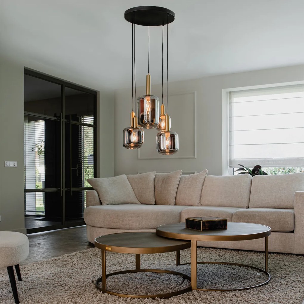 Lampă suspendată neagră cu auriu cu sticlă fumurie 5 lumini - Zuzanna