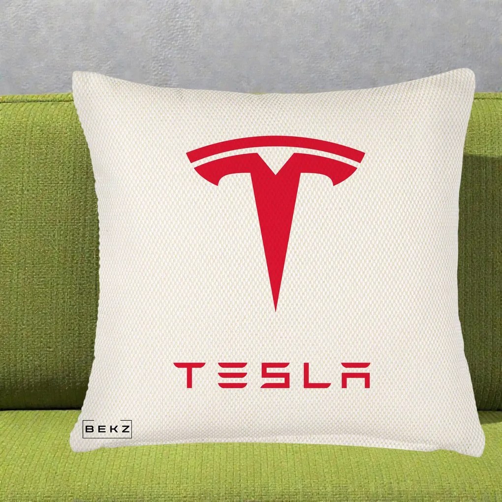 Perna Personalizata cu emblema Tesla, 40x40 cm, Crem Reliefat, Husa Detasabila, Perna Inclusa, BEKZ®