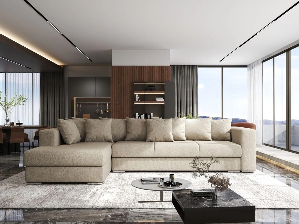 Colțar extensibil dumonde cu ladă de depozitare si sezut confortabil din spuma high-density, Gloria Enjoy Camel 320x183 cm