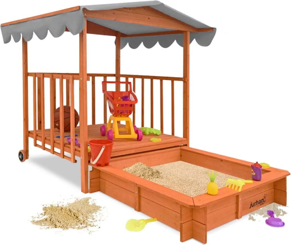 Zonă cu nisip și verandă HAPPY, 130 x 130 x 143 cm, din masiv de pin, maro gri Jurhan