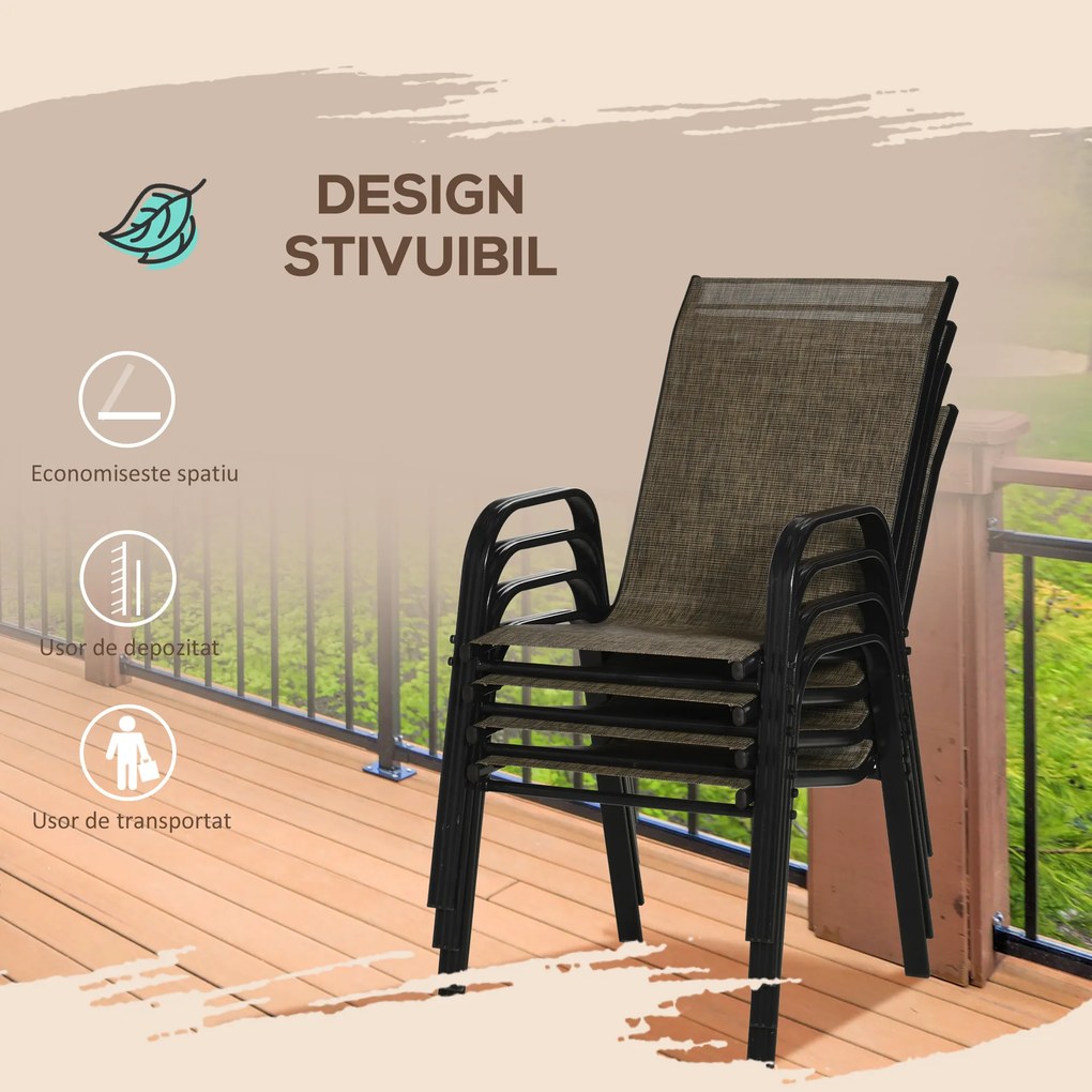 Outsunny Set 4 Piese Scaune de Gradina cu Cotiere, Scaune de Exterior Stivuibile din Metal si Tesatura Respirabila, Maro