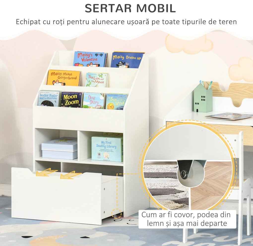 Biblioteca pentru Copii cu mai Multe Rafturi Suport de Organizare cu Sertar de Depozitare pentru Camera de Joaca, Alb HOMCOM | Aosom Romania