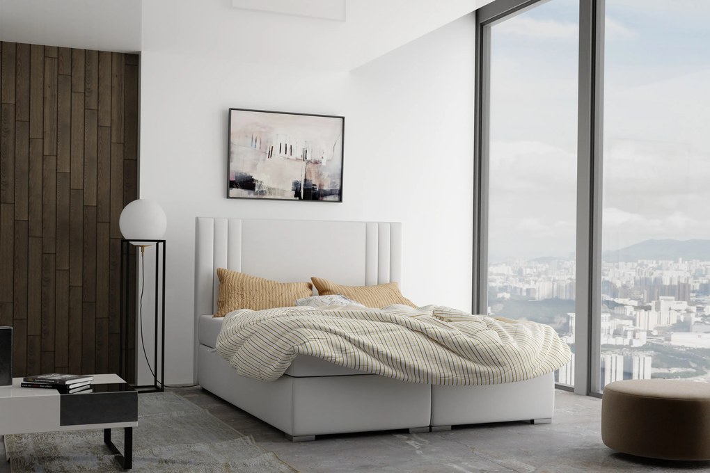 Pat matrimonial Boxspring 140 cm Morcano (crem) (cu sp. depozitare). 1020329