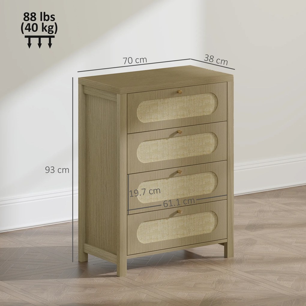 HOMCOM Comodă 4 sertare mobilier de depozitare stil boemian cu uși din răchită, 70 x 38 x 93 cm, efect lemn natural | Aosom Romania