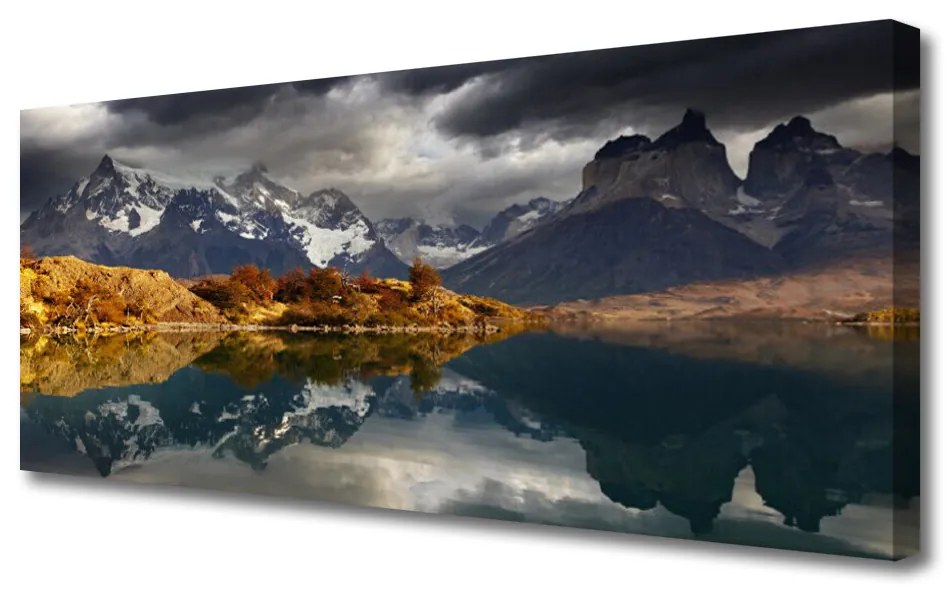 Tablou pe panza canvas Mountain Lake Peisaj Gri Galben Alb
