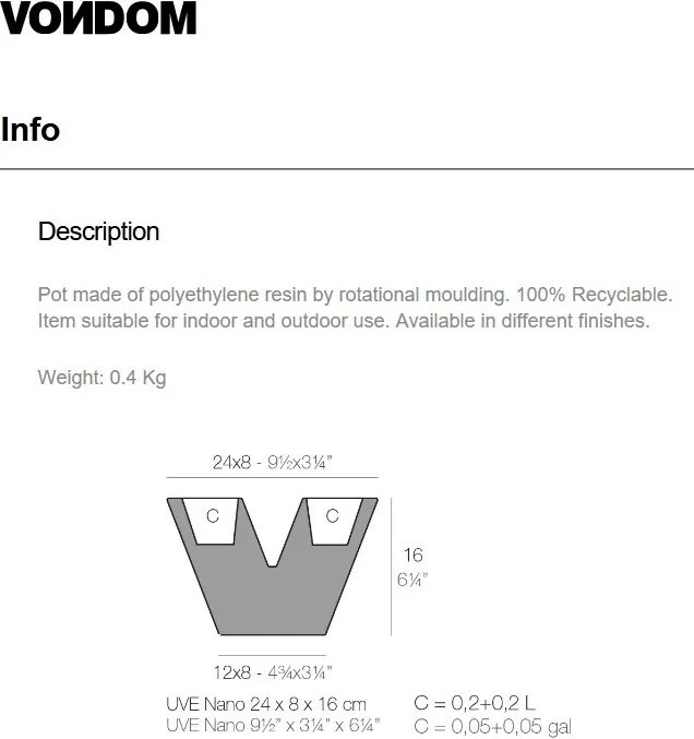 Ghiveci plante design decorativ modern interior / exterior UVE NANO 8x24x16cm