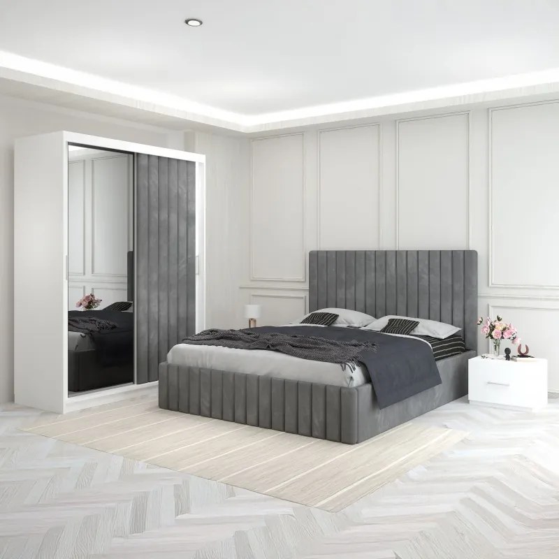 Set Mobila De Dormitor Luca Gri, pat tapitat 160x200cm,  dulap cu oglinda 150x210cm, noptiere
