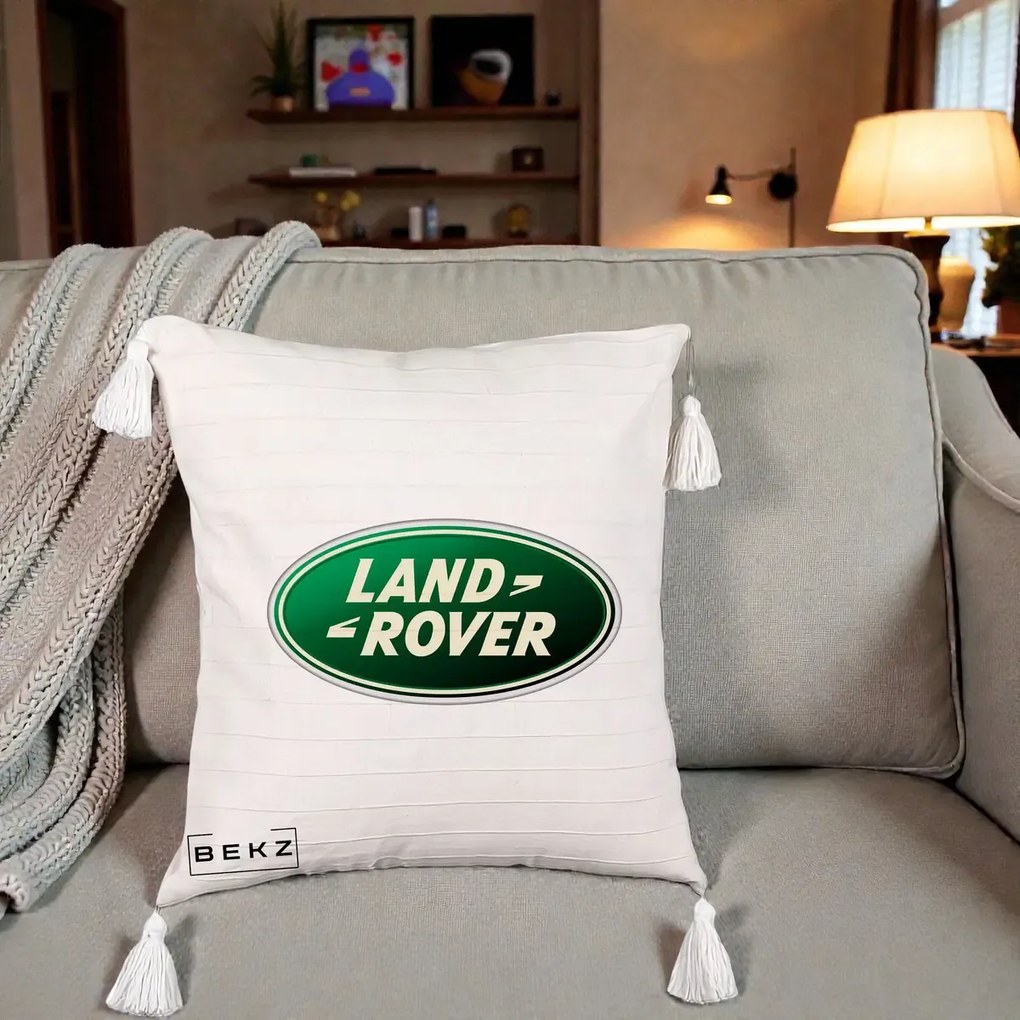 Perna Personalizata cu emblema Land Rover, 40x40 cm, Bej cu Franjuri, Husa Detasabila, Perna Inclusa, BEKZ®