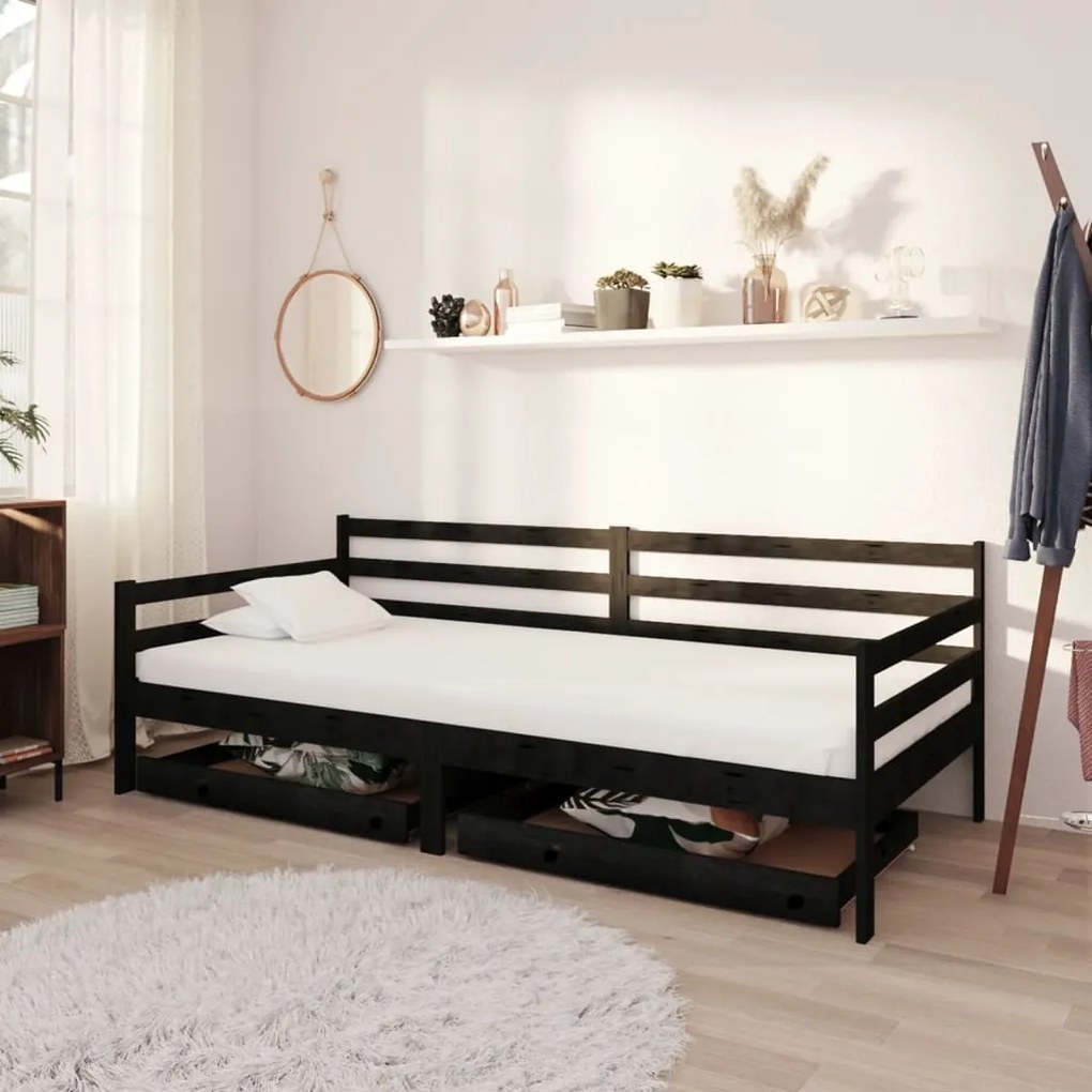 3083683 vidaXL Pat de zi cu sertare, negru, 90x200 cm, lemn masiv de pin