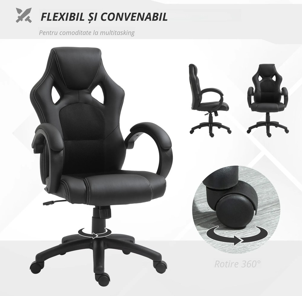 HOMCOM Scaun pentru birou, cu roti rotative la 360°, scaun gaming, inaltimea reglabila, Negru | Aosom Romania